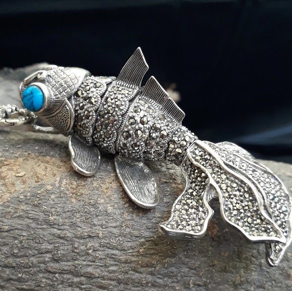 Gold Fish Marcasite and Turquoise Necklace - Picture 5 of 11